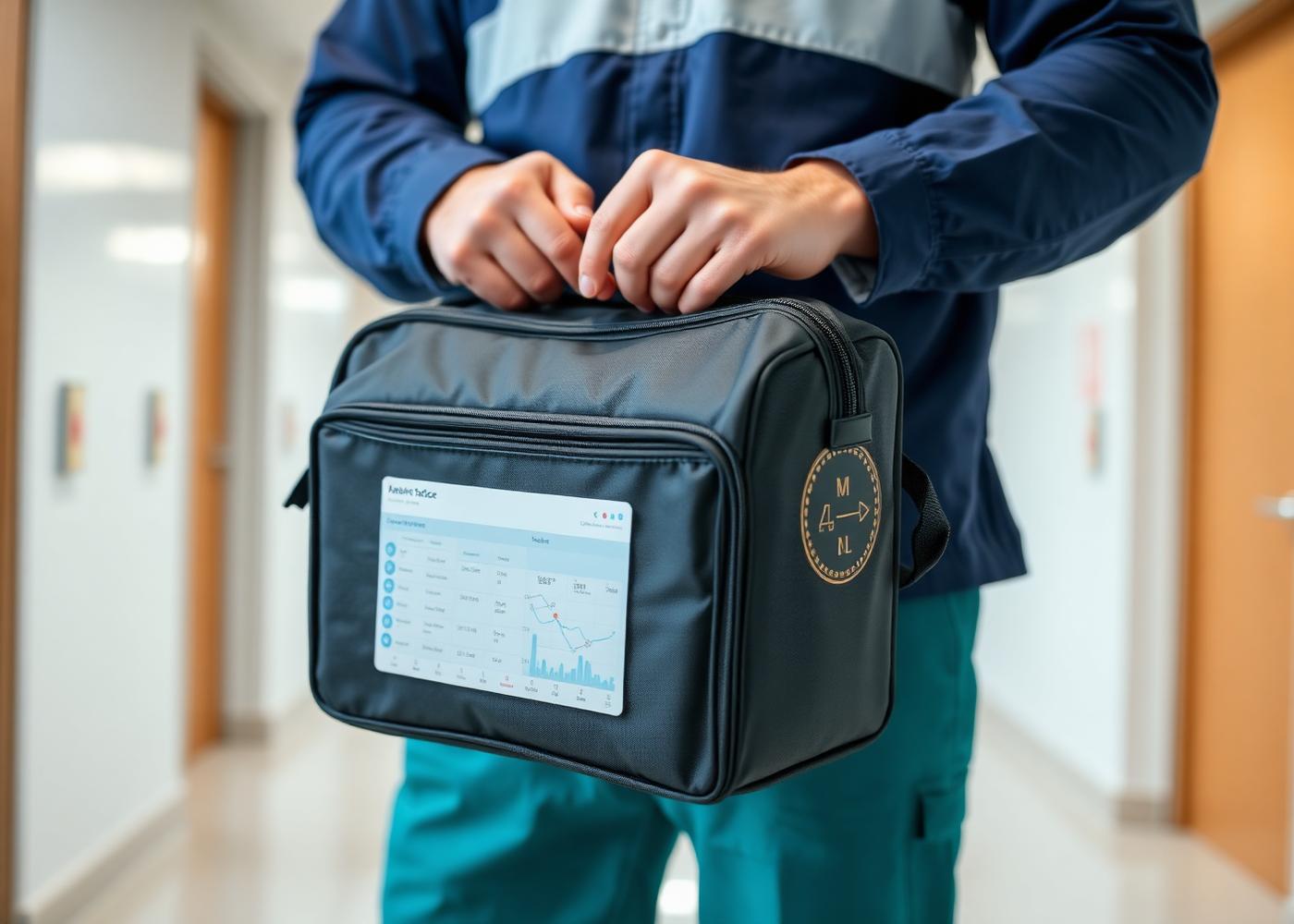 Courier holding a temperature-controlled laboratory specimen transport bag inside a healthcare facility
