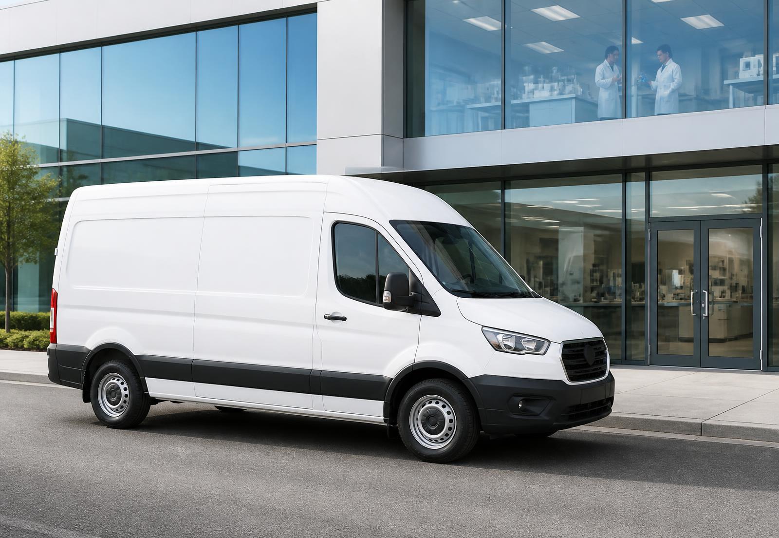 Foxx Courier & Logistics delivery van at a medical laboratory in Atlanta, Georgia